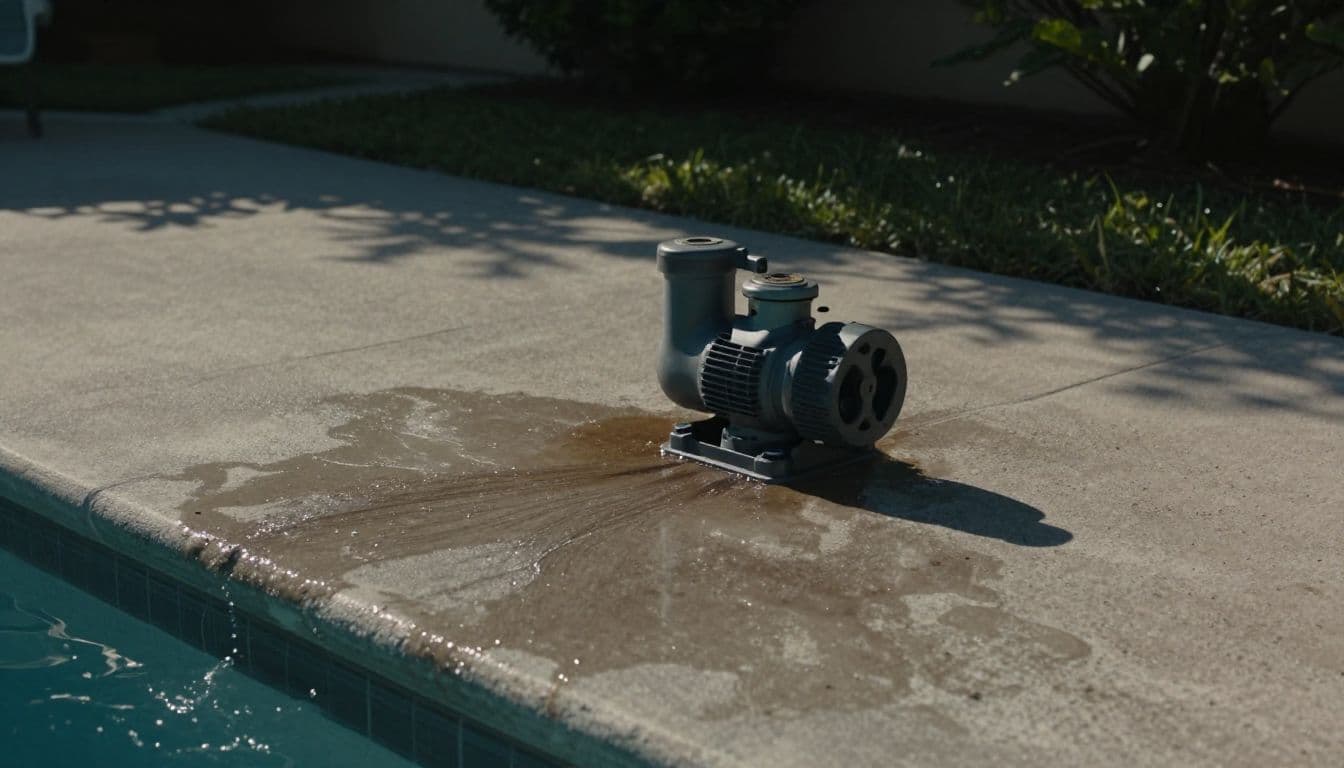 A leaking pool pump leaves water around a concrete equipment pad.
