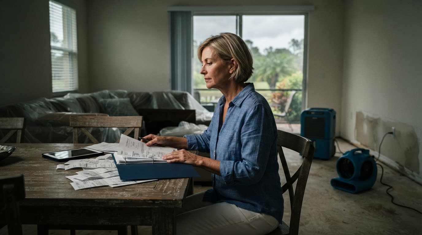 A homeowner reviews claim papers beside blue restoration equipment in a damaged living room.