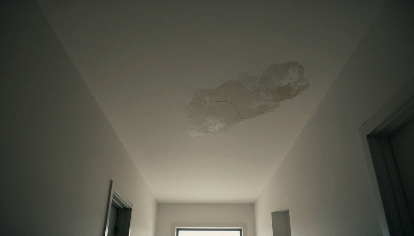 A hallway ceiling with a brown water stain and peeling paint.