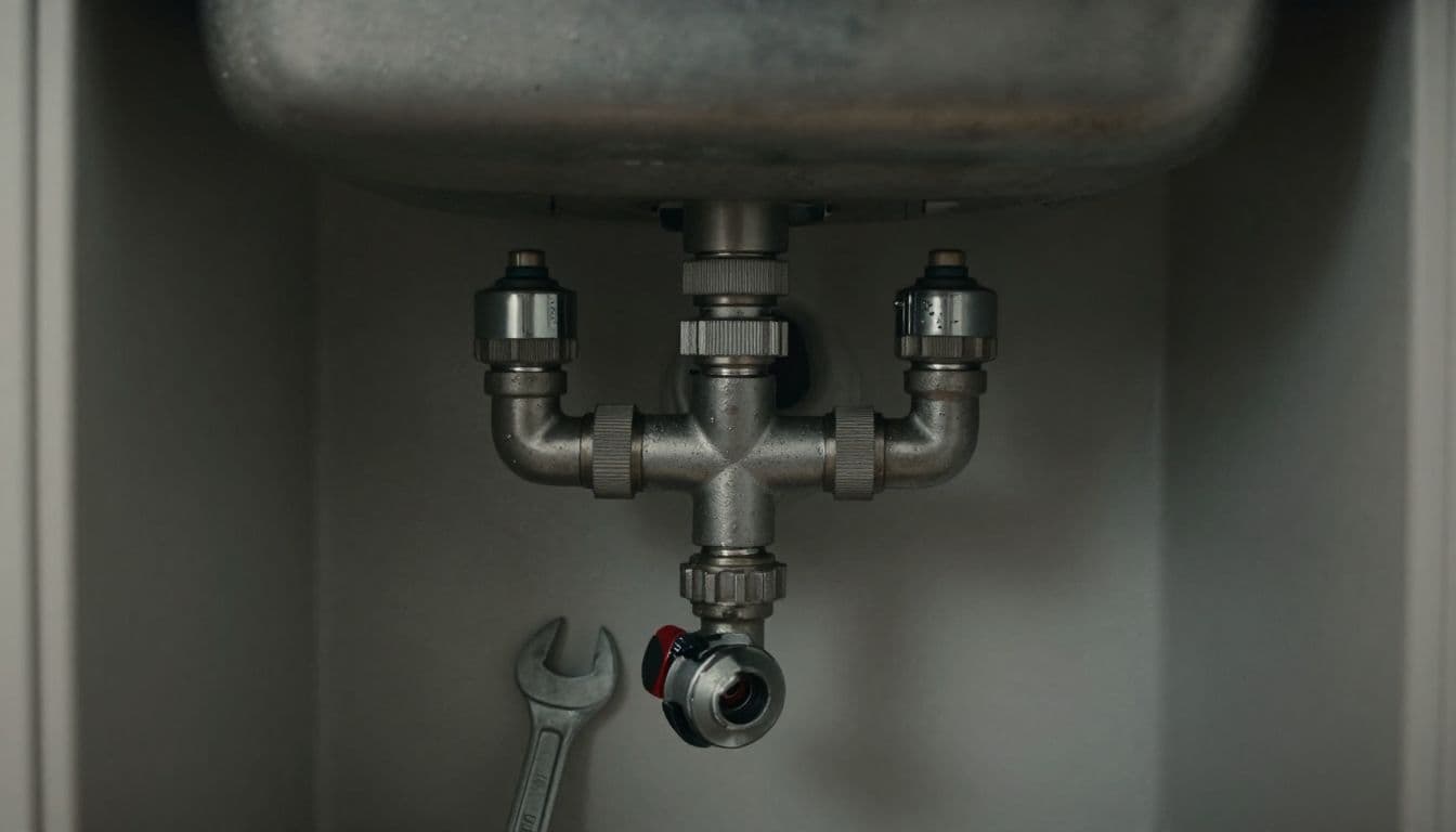 A damp pipe and wrench beneath a kitchen sink.