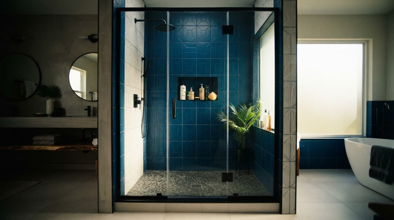 Modern walk-in shower with blue tile, glass doors, and bright dramatic lighting.