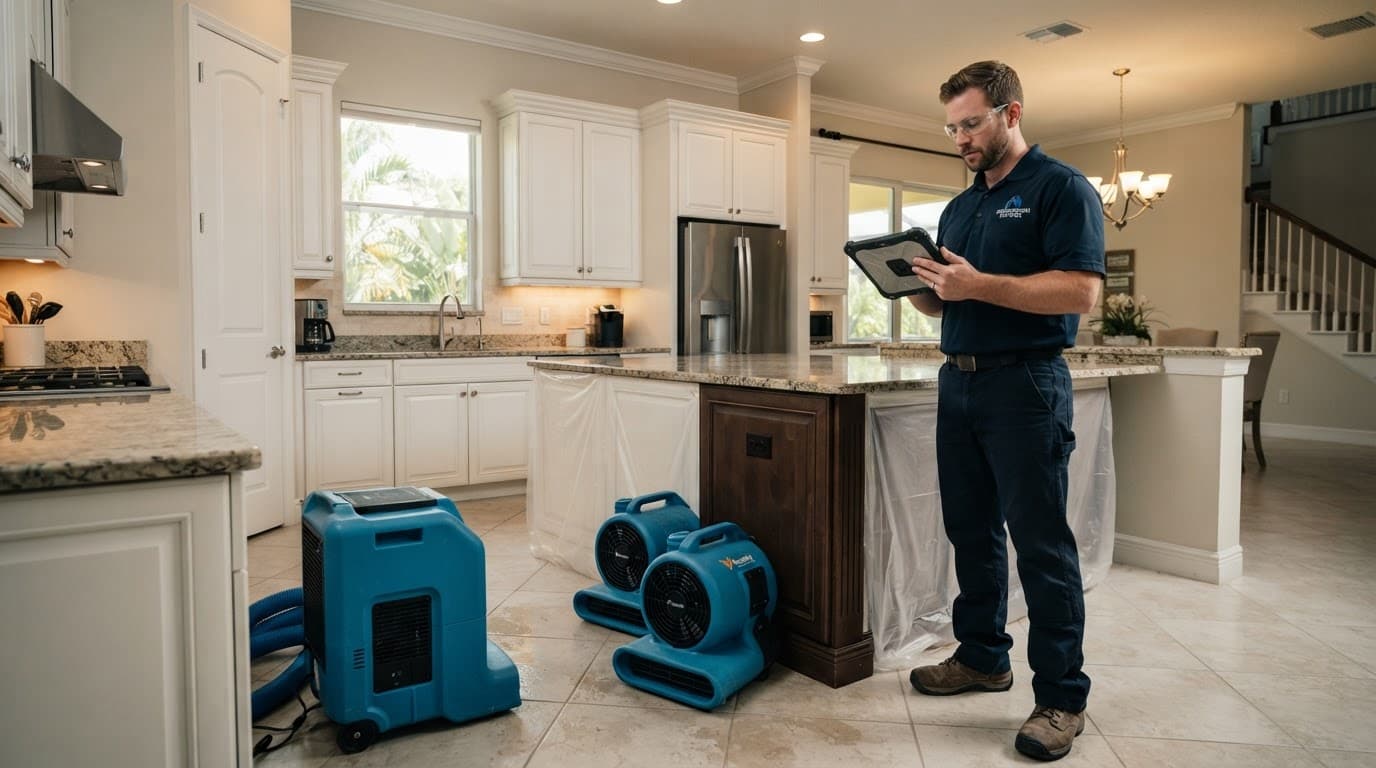 Technician documenting kitchen water damage beside blue drying equipment.