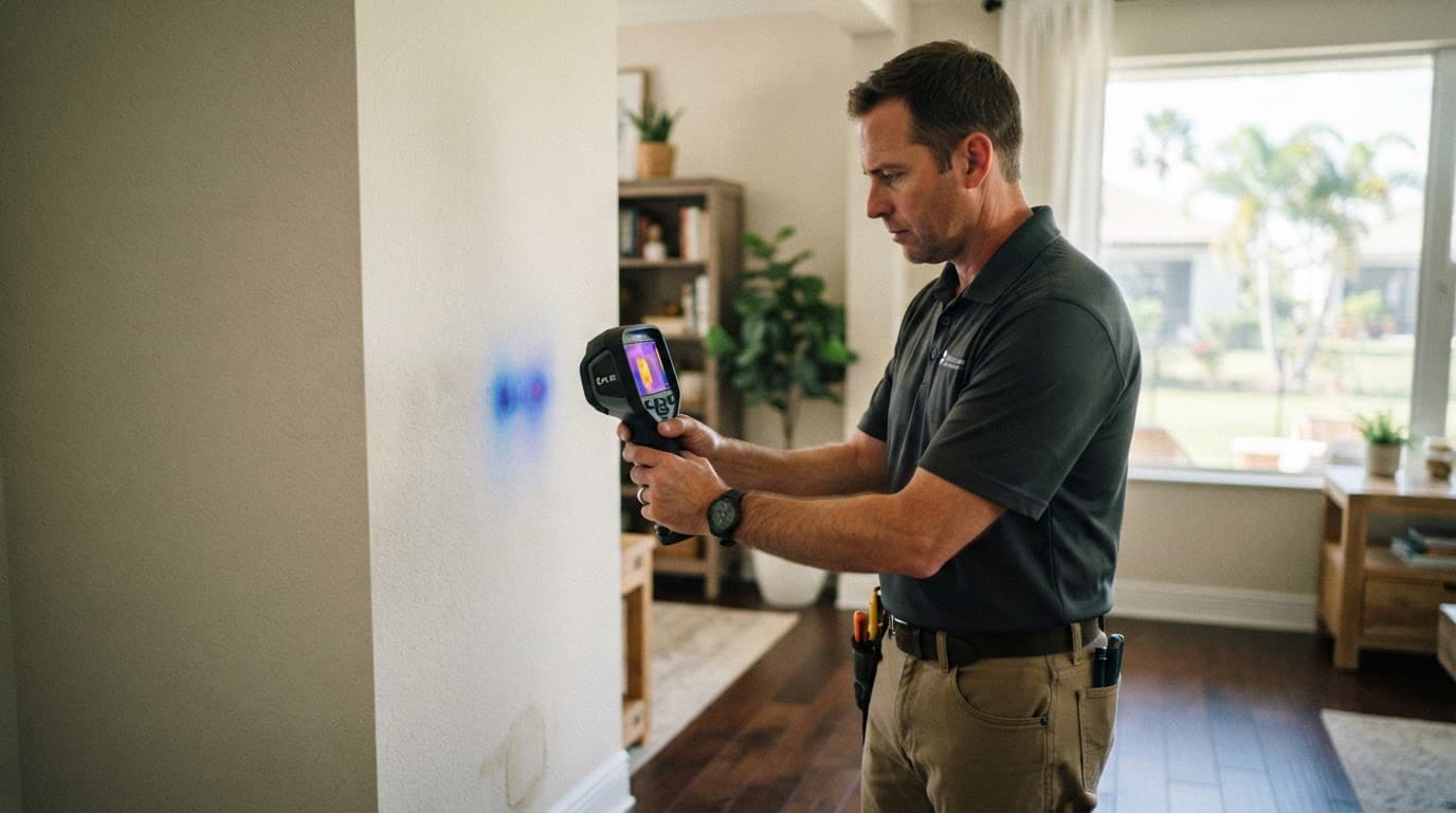 Inspector using a thermal camera to examine a wall inside a bright home.