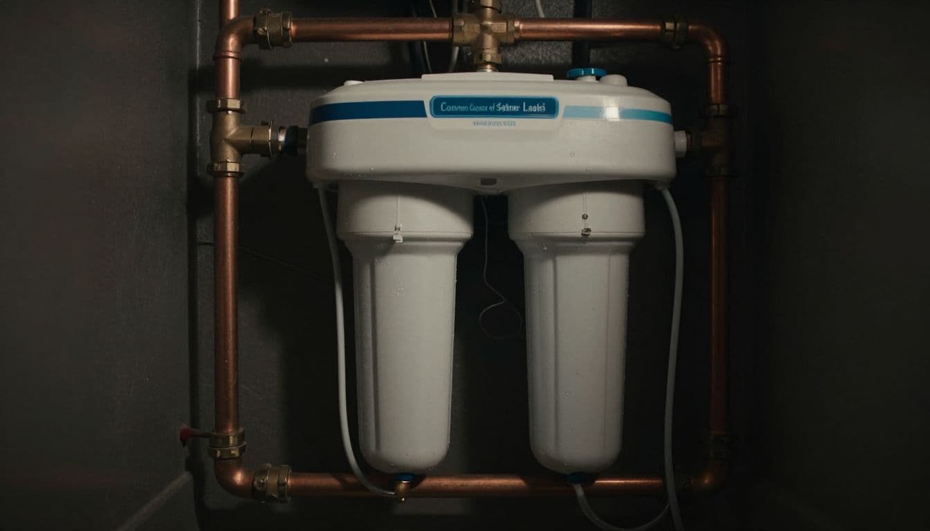 Water filtration equipment with copper pipes in a dim utility room.