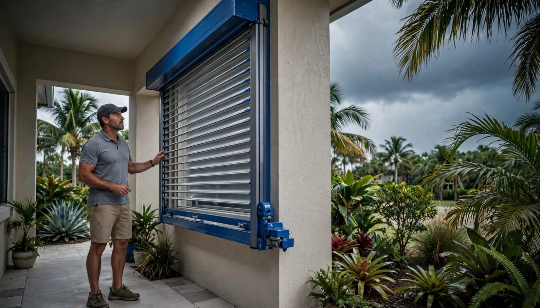 A homeowner checks a blue accordion hurricane shutter on a Florida home.