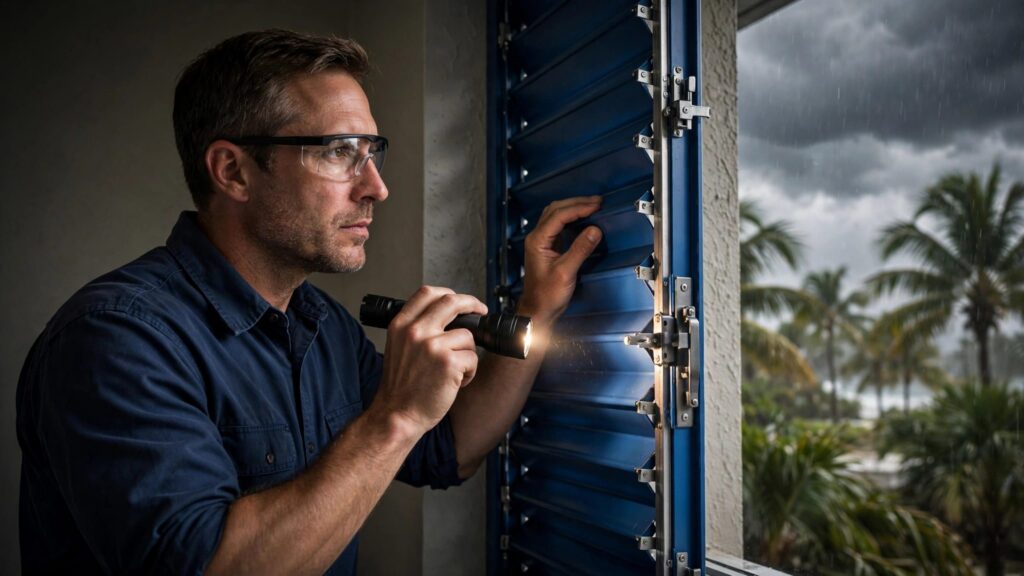 Inspector testing a blue hurricane shutter beside a Florida window.