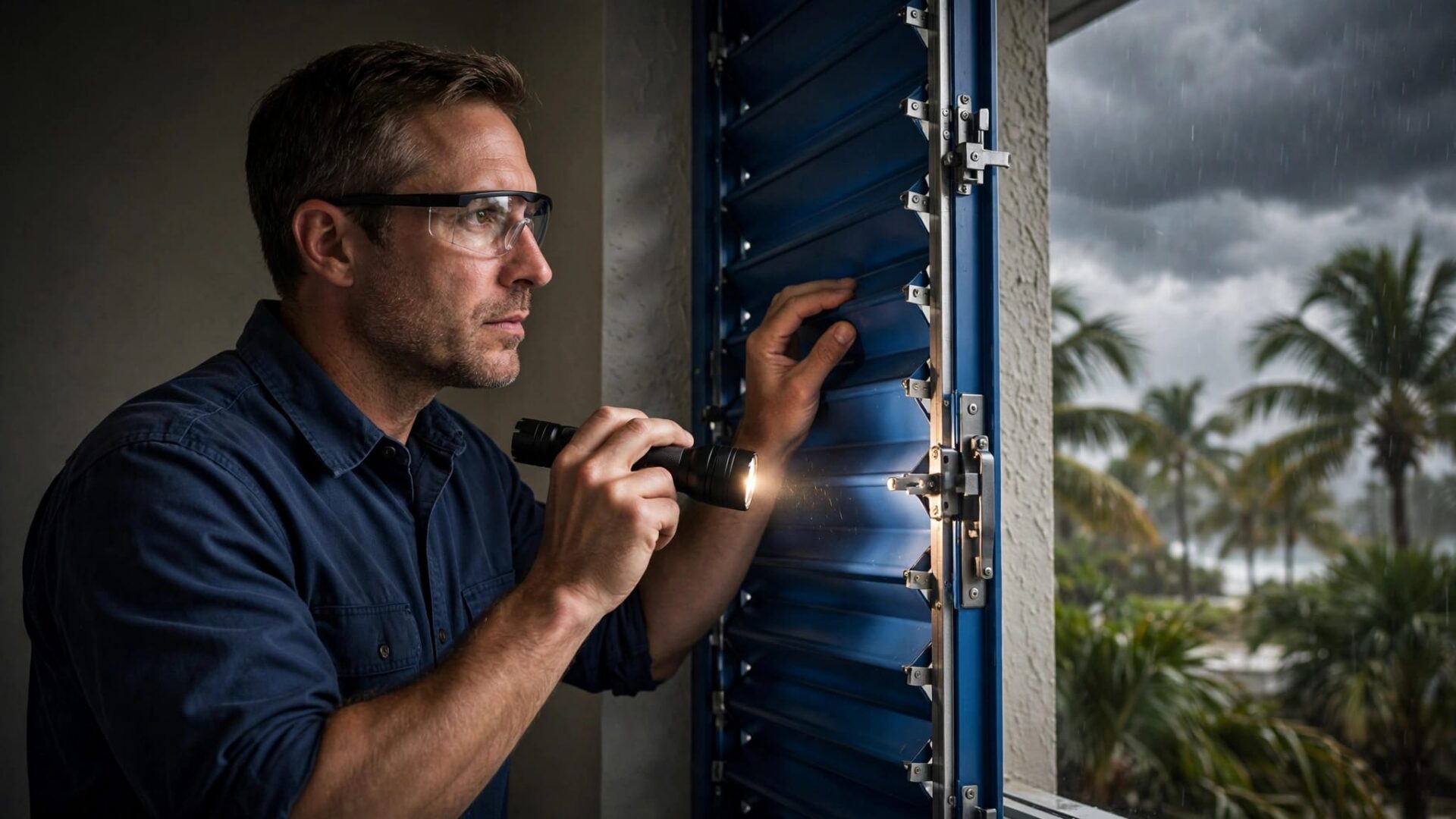 Inspector testing a blue hurricane shutter beside a Florida window.