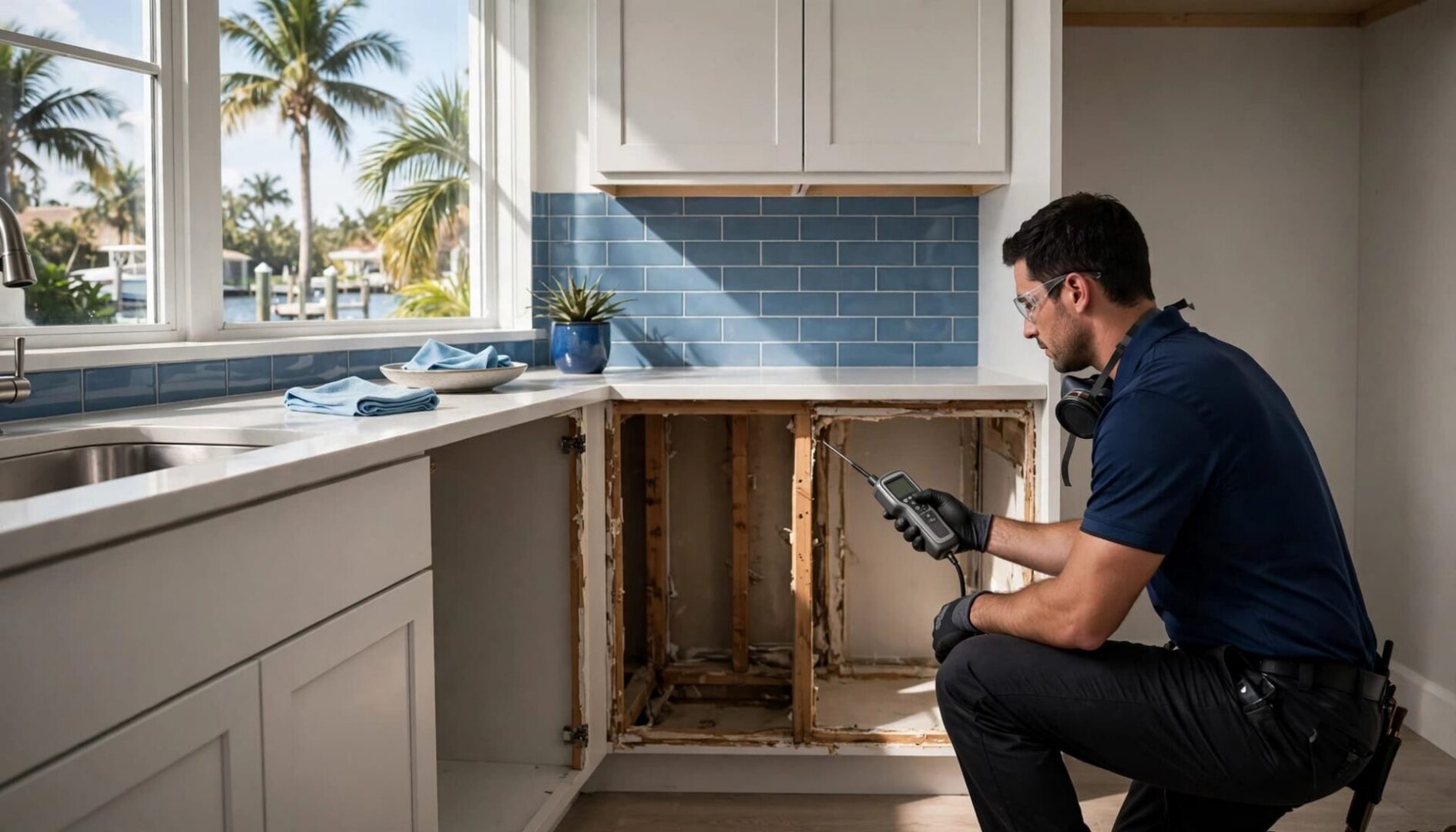 Illustrative AI-generated image: A professional checks the wall behind removed cabinets with a moisture meter.