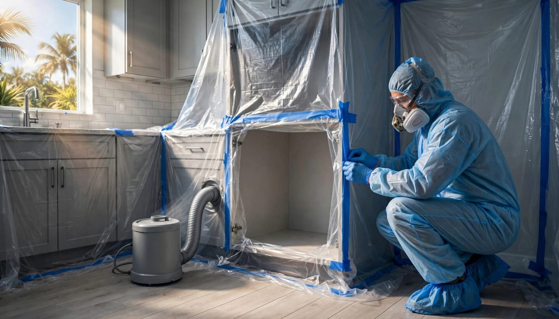 Illustrative AI-generated content: A protected worker contains a kitchen cabinet with plastic sheeting beside an air scrubber.