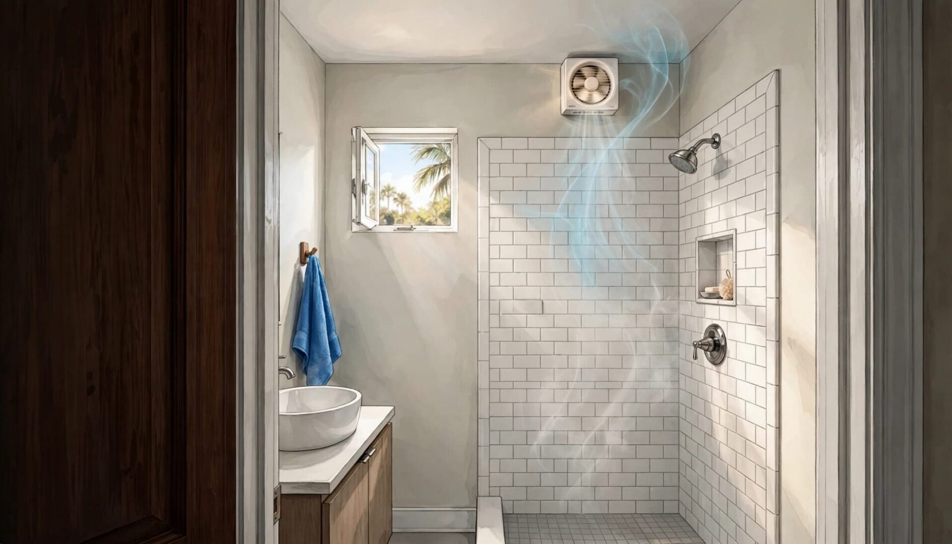 An illustrated view of a bathroom with a running exhaust fan pulling up steam.