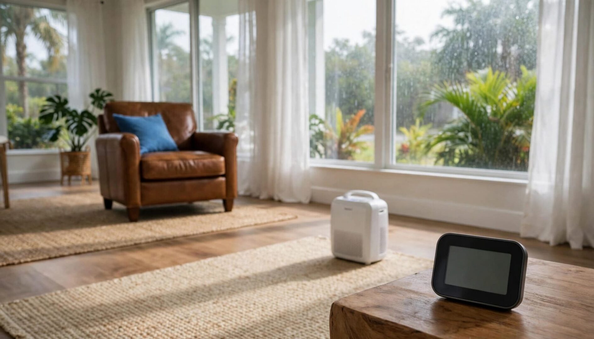 A leather armchair sits away from the wall with a hygrometer and dehumidifier nearby.