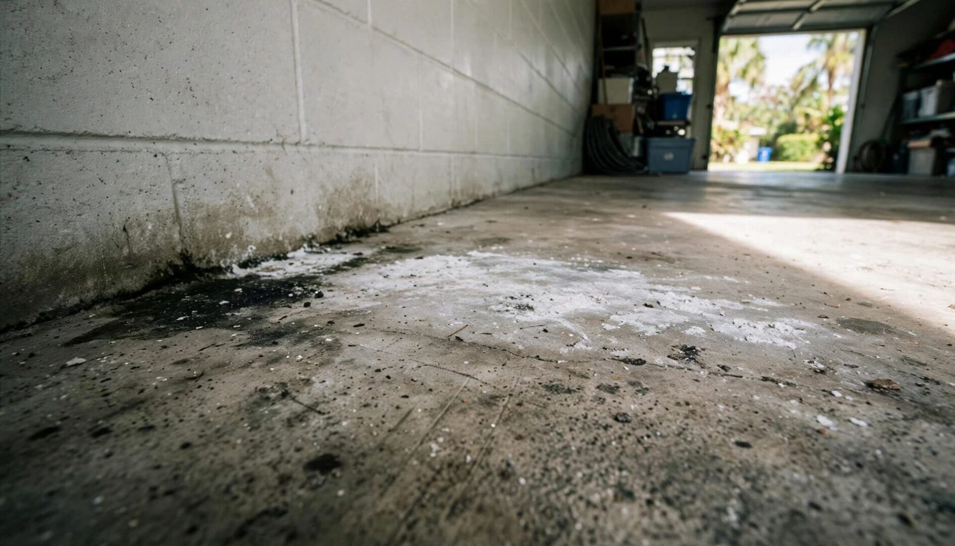 A concrete garage floor with white mineral deposits and dark surface growth near a wall.