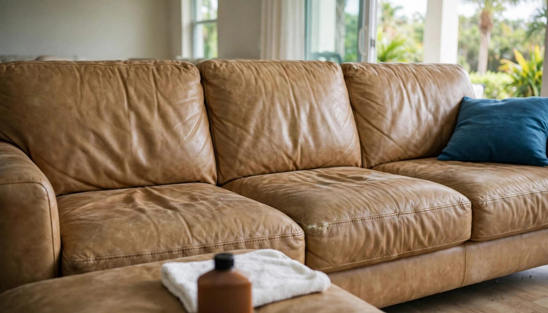 A tan leather sofa with a small mildew patch and cleaning supplies nearby.