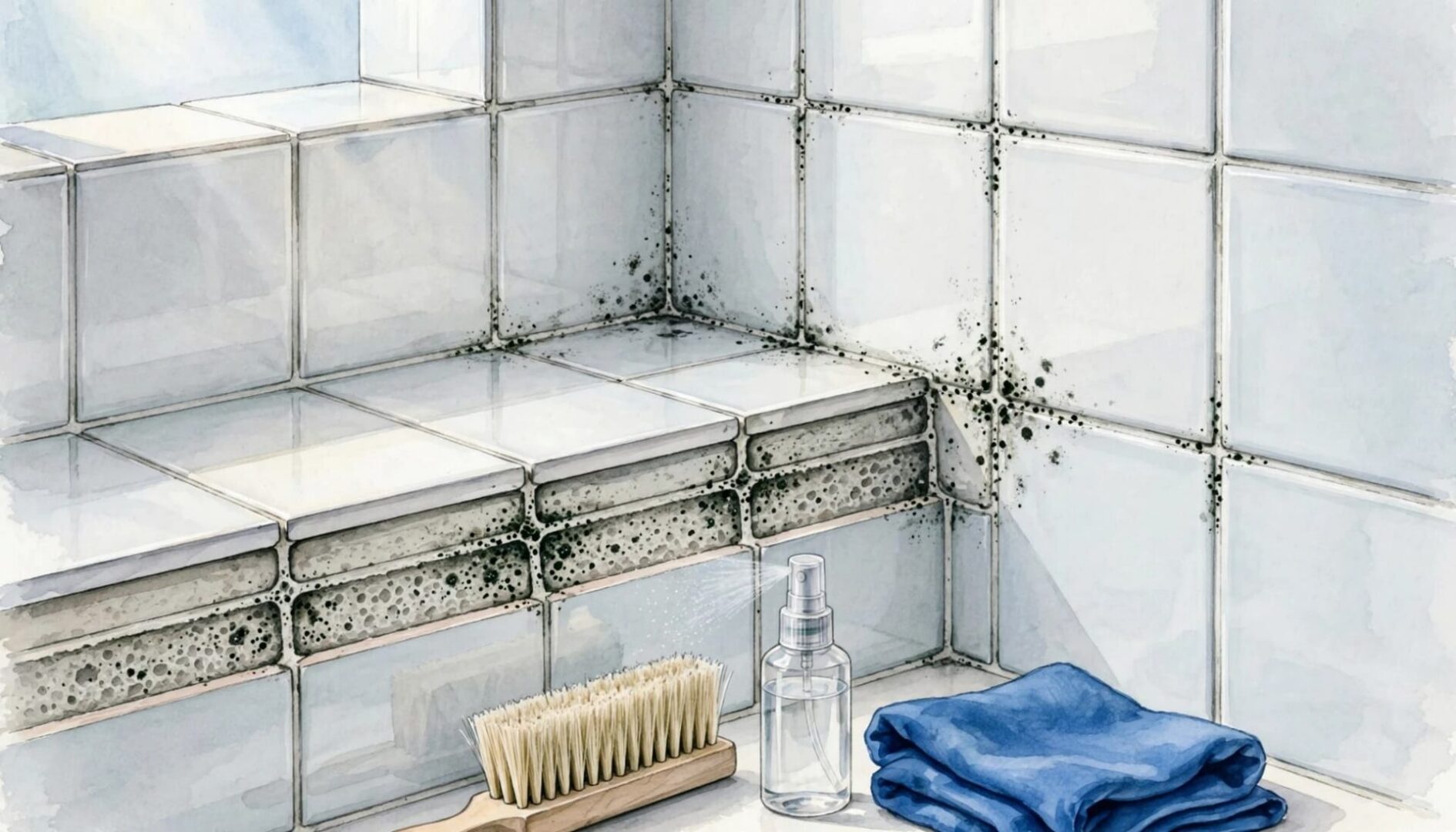 A watercolor illustration of tiled shower walls with mold, a brush, a spray bottle, and a folded blue cloth.