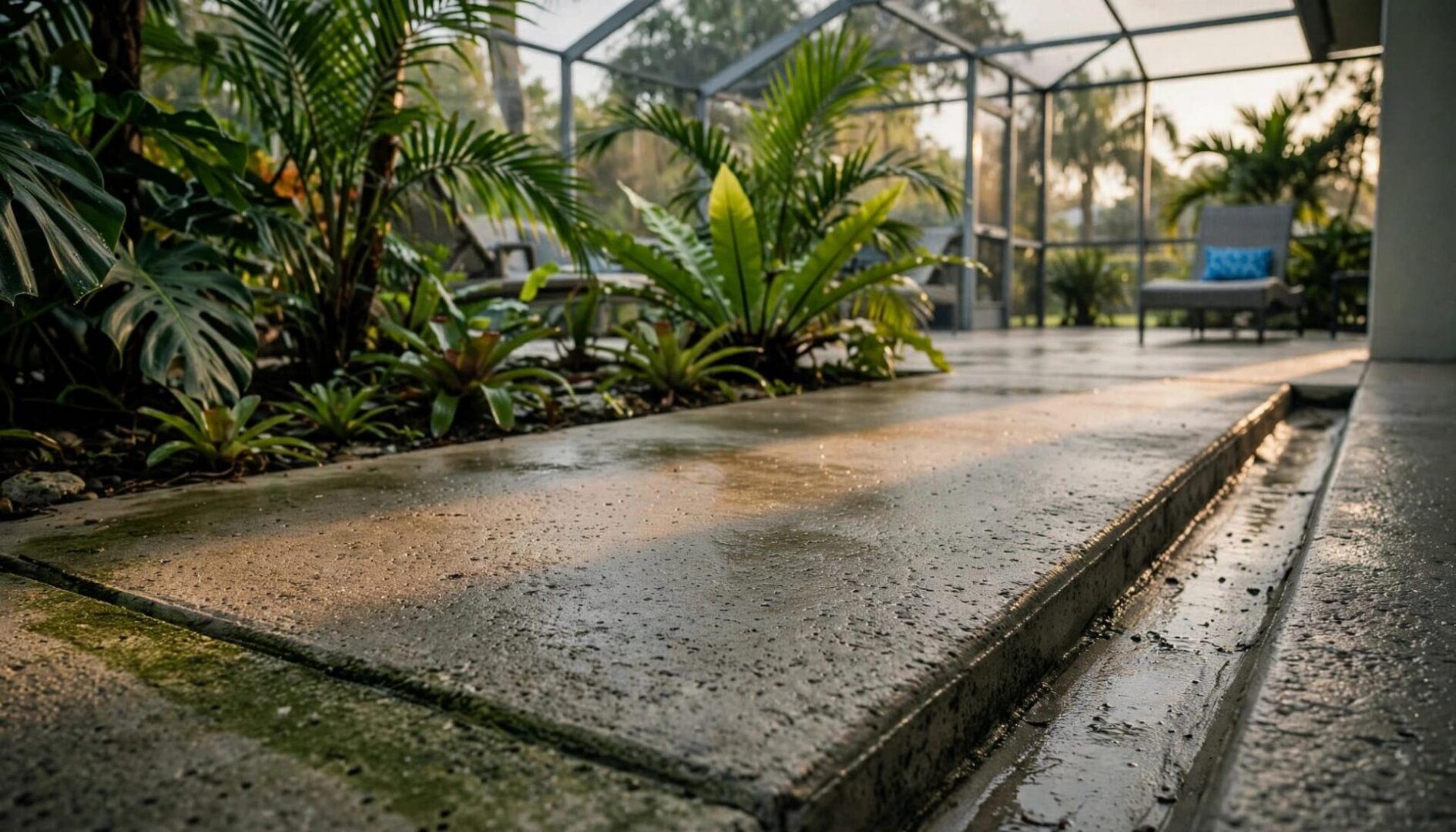 A concrete patio after rain with tropical plants and a screened lanai.